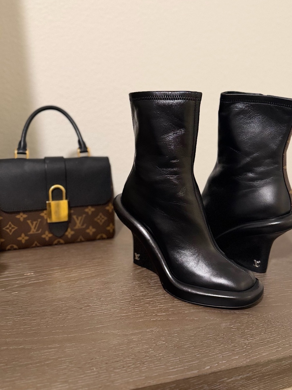 Louis Vuitton Black Leather Wedge Ankle Boot